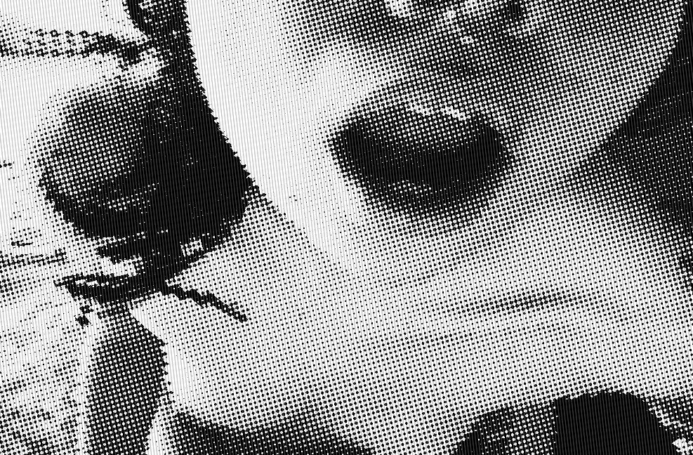 Close-up of a woman's face in a halftone style.