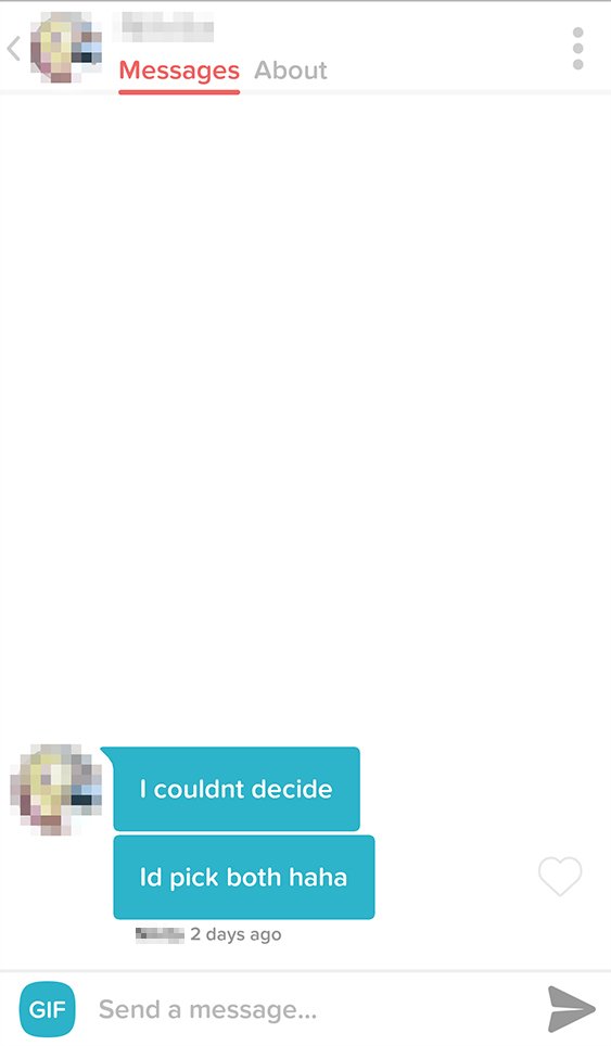 A screenshot of a messaging app with a conversation. The last message from a user reads, "I couldn't decide. I'd pick both haha". The interface shows tabs for Messages and About, with the Messages tab highlighted in red.