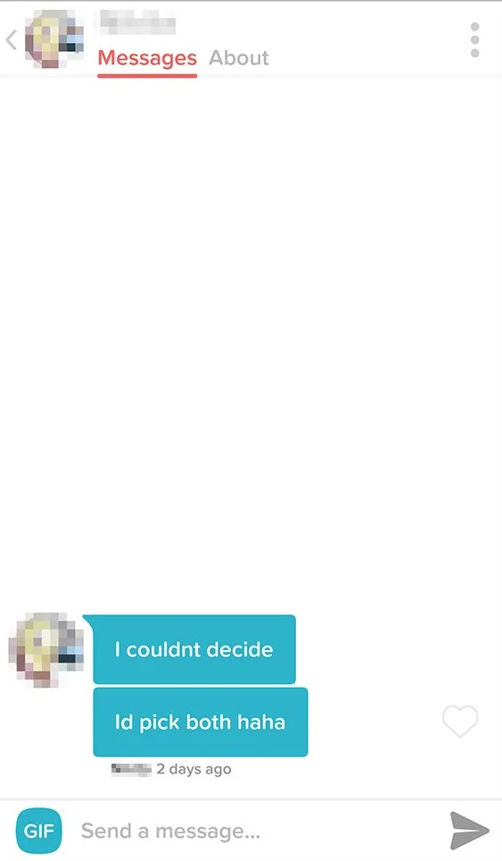 A screenshot of a messaging app with a conversation. The last message from a user reads, "I couldn't decide. I'd pick both haha". The interface shows tabs for Messages and About, with the Messages tab highlighted in red.
