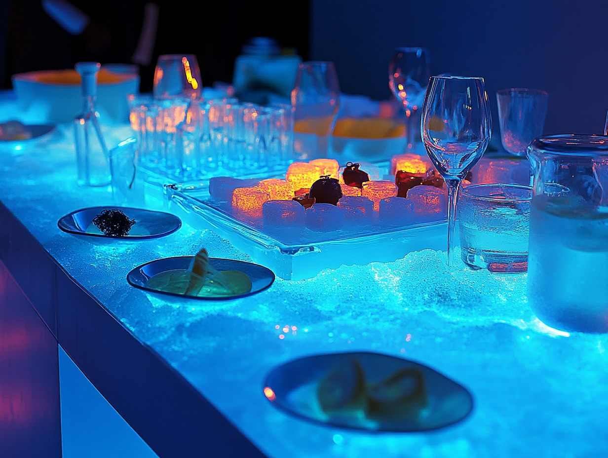 A night scene with a table illuminated by blue lighting, featuring glasses, bowls, and a tray of glowing orange cubes, suggesting a stylish or modern setting.