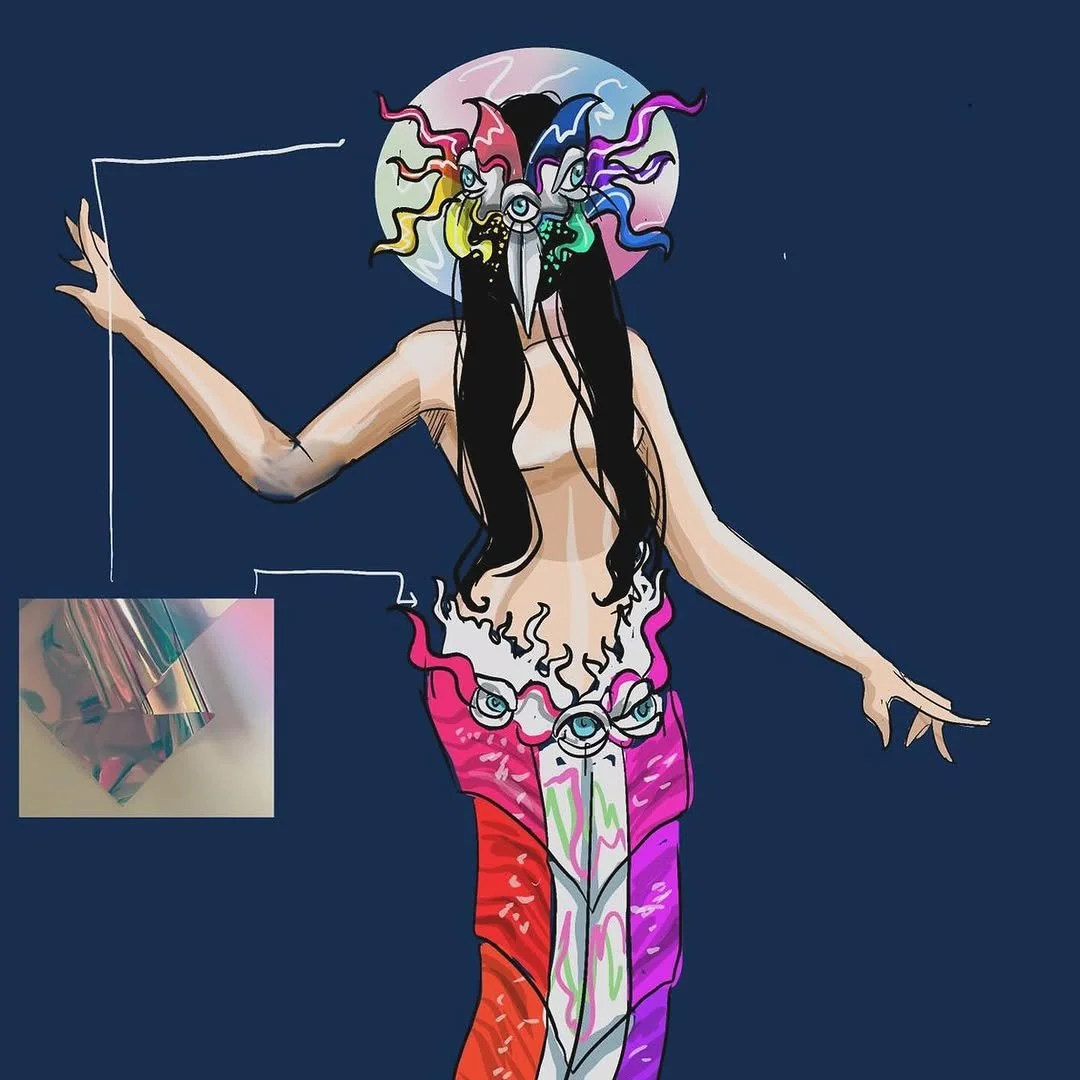 A surreal digital illustration of a humanoid figure with a colorful, tentacle-like head and a mask, standing against a dark blue background. The figure has long black hair, tan skin, and is wearing red and purple patterned pants. There is a small ins