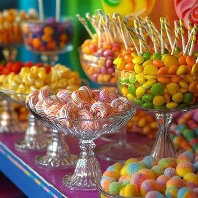 Candy and sweets displayed in glass bowls at a colorful candy buffet, including gumballs, lollipops, and decorated cake balls.