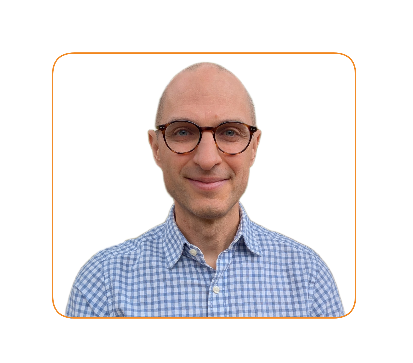 Portrait of a man with glasses and a checkered shirt smiling, against a digitally rendered background with orange, yellow, and black elements.