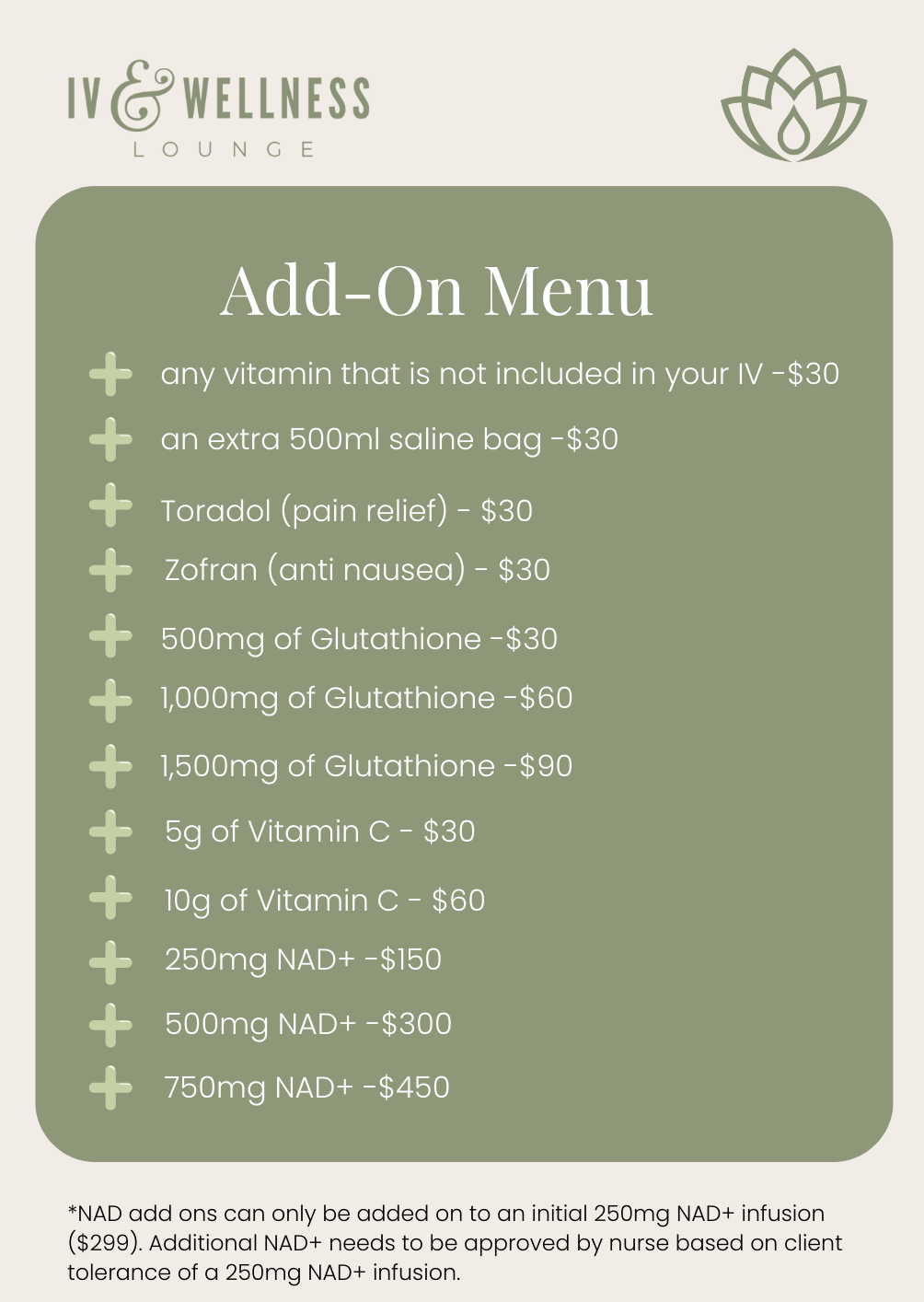 IV & Wellness Lounge add-on menu listing various vitamin and supplement options with prices, including vitamins C and NAD+, and saline bags.