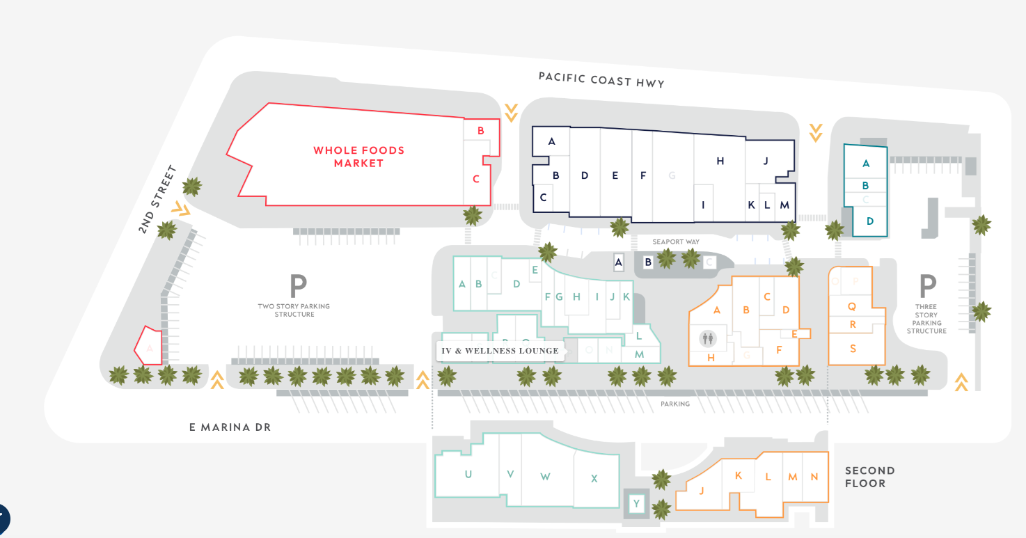 A detailed map of a shopping center layout showing parking areas, various stores including Whole Foods Market, multi-story parking structures, a wellness lounge, and surrounding streets, with labeled sections and trees.