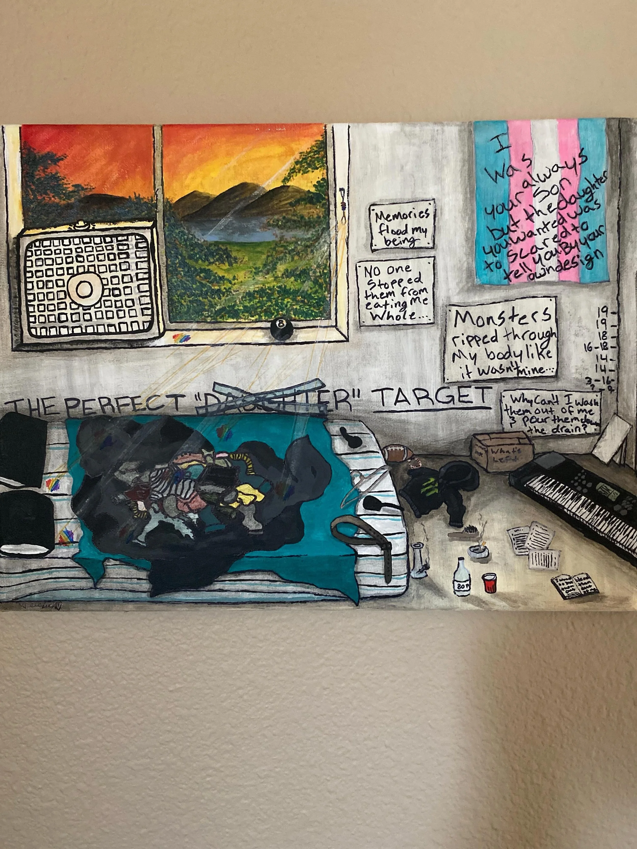 &ldquo;To warmer days,&rdquo; painting
Eli Lockheart
Pride in Numbers Community Art Project

&ldquo;This is a personal painting of mine I made for April SA awareness month as a trans man. The trauma of growing up the eldest queer non-binary trans son