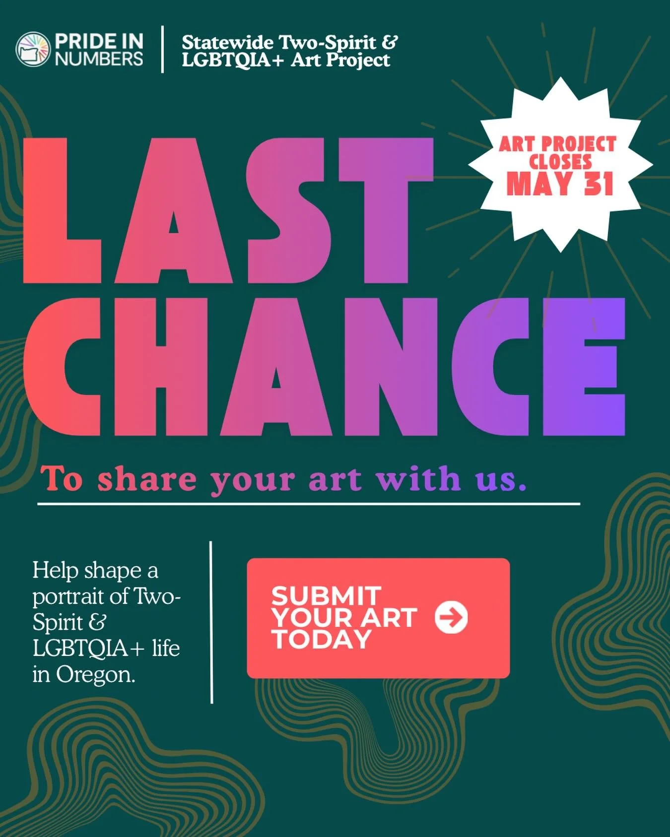 The Pride in Numbers Art Project closes May 31st. Help ensure Two-Spirit &amp; LGBTQIA+ communities in Oregon are reflected in the stories and data shaping future policy, funding, services, and support.

Secure &amp; confidential.
Built by and for co