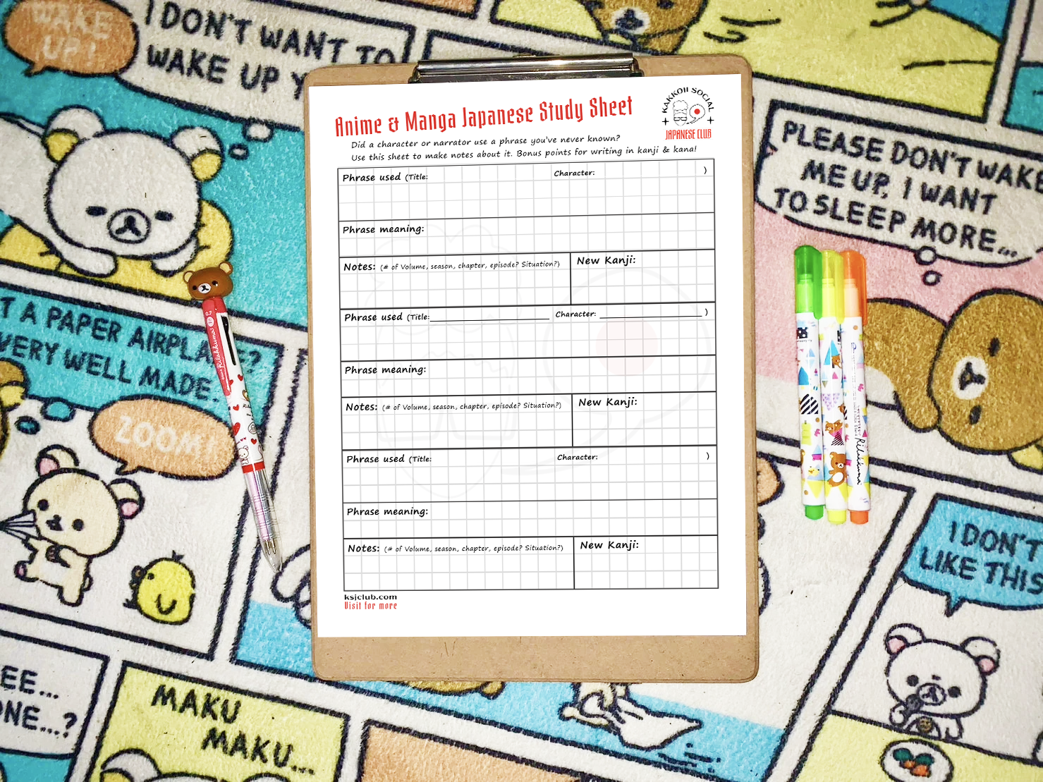 Anime and Manga Japanese Study Sheet