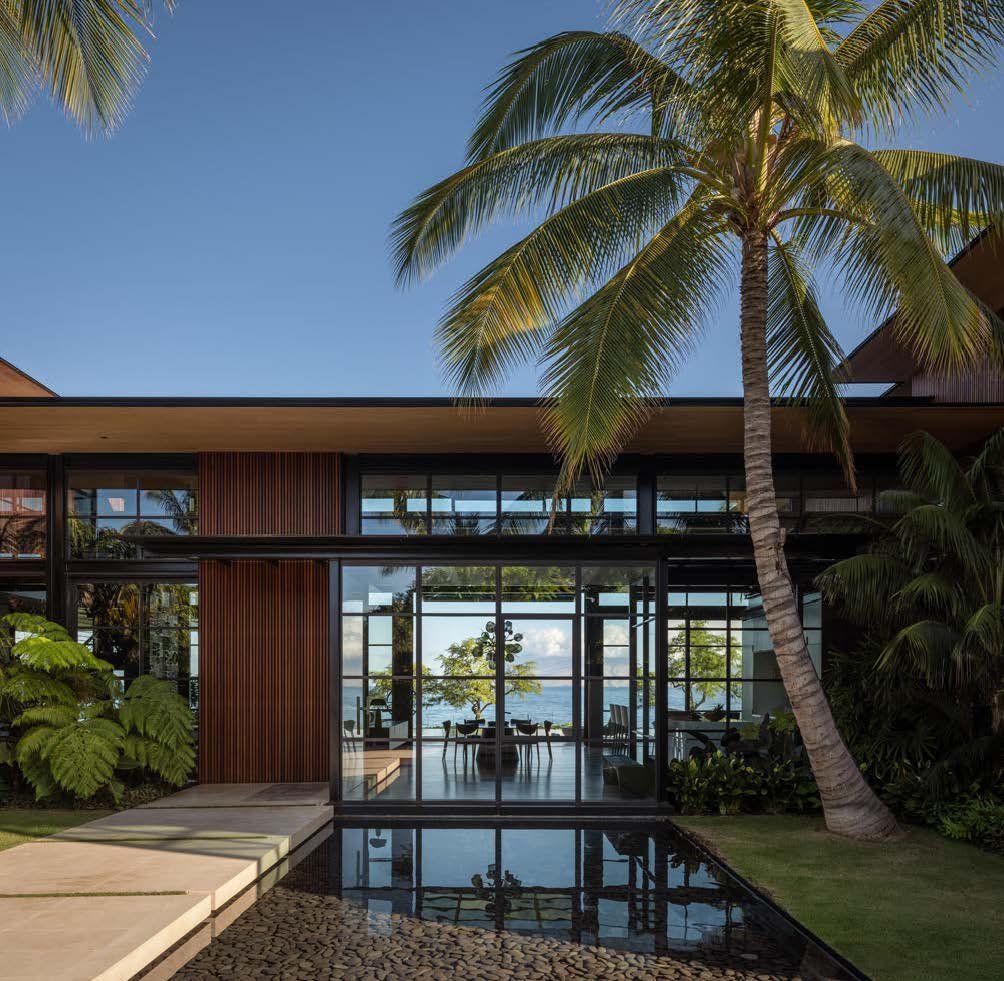 Modern house entry way with large windows, surrounded by palm trees, with a shallow pond in front.