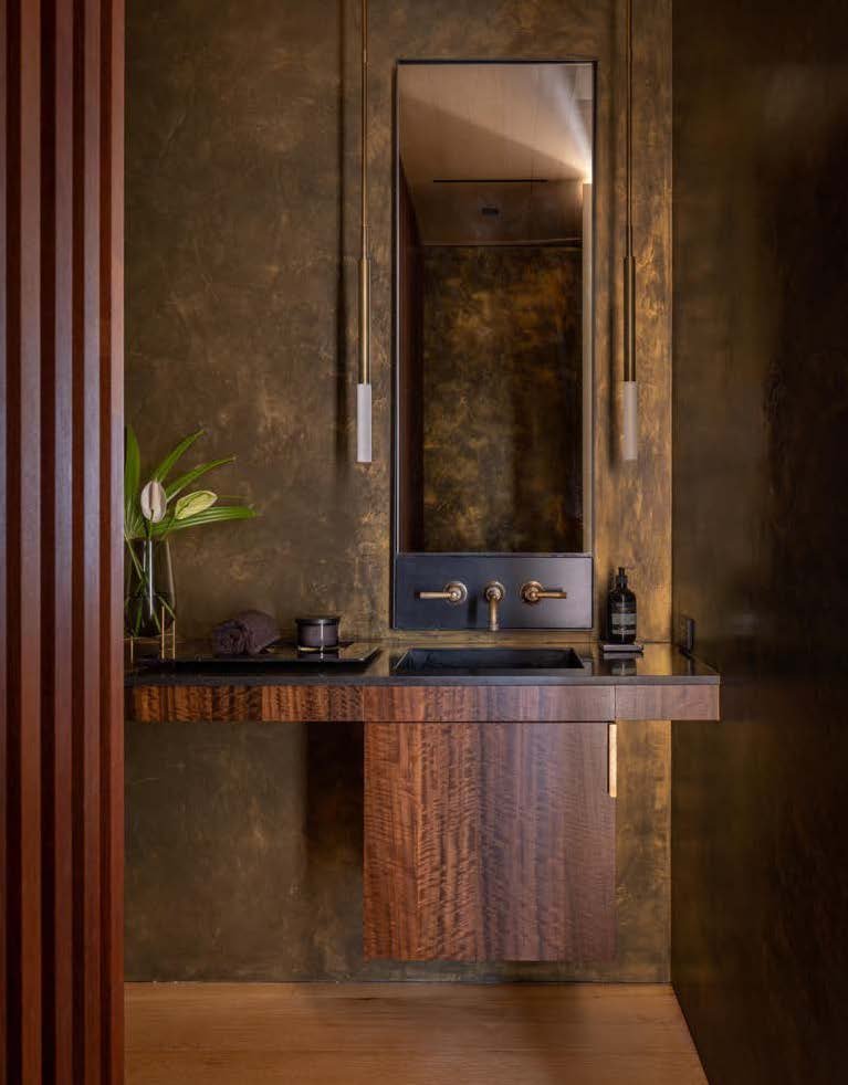 Modern bathroom vanity with a black countertop, a rectangular mirror, brass fixtures, and a green plant on the left side, set against textured metallic gold walls.