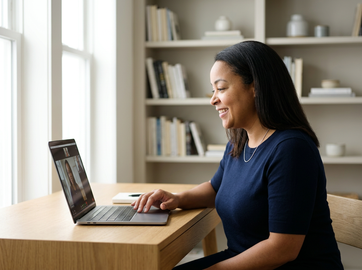 Woman smiling during a video call on her laptop in a bright, cozy home office