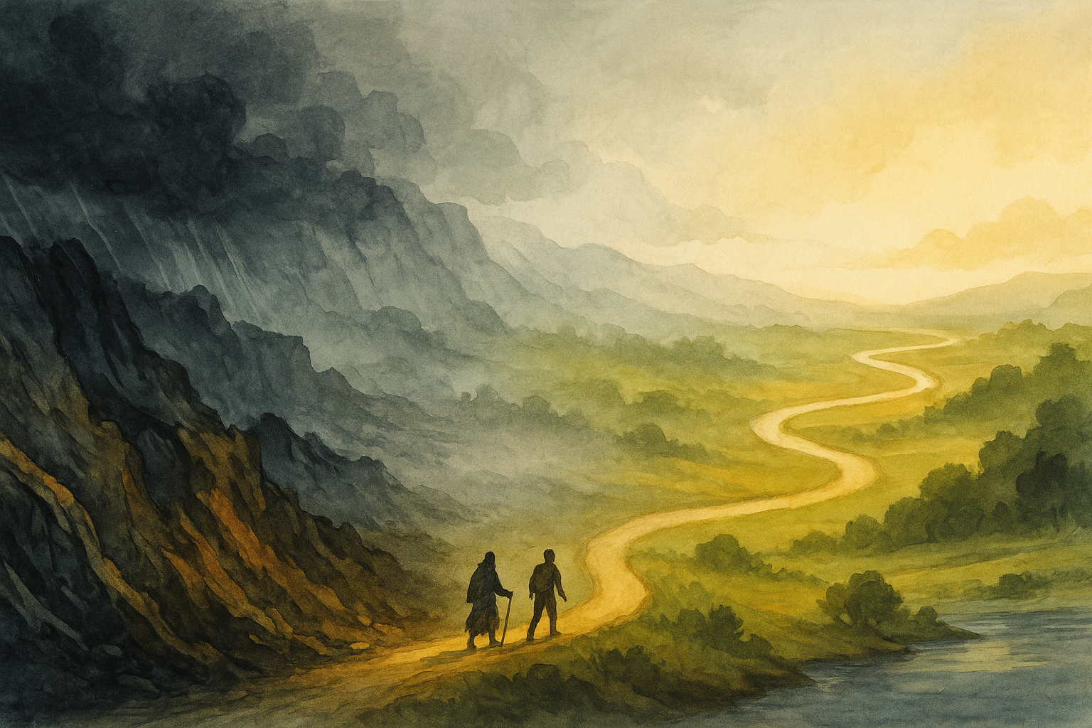 Two hikers walking along a winding path through a valley, with mountains on the left and a river on the right, in a misty landscape with cloudy sky.