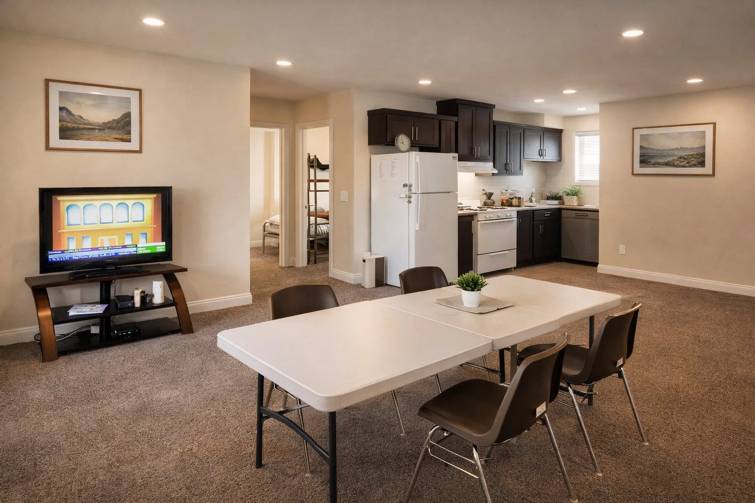 Open-plan living area with a dining table, four chairs, a TV on a stand, a kitchen with dark cabinets, white appliances, and a small bedroom in the background.