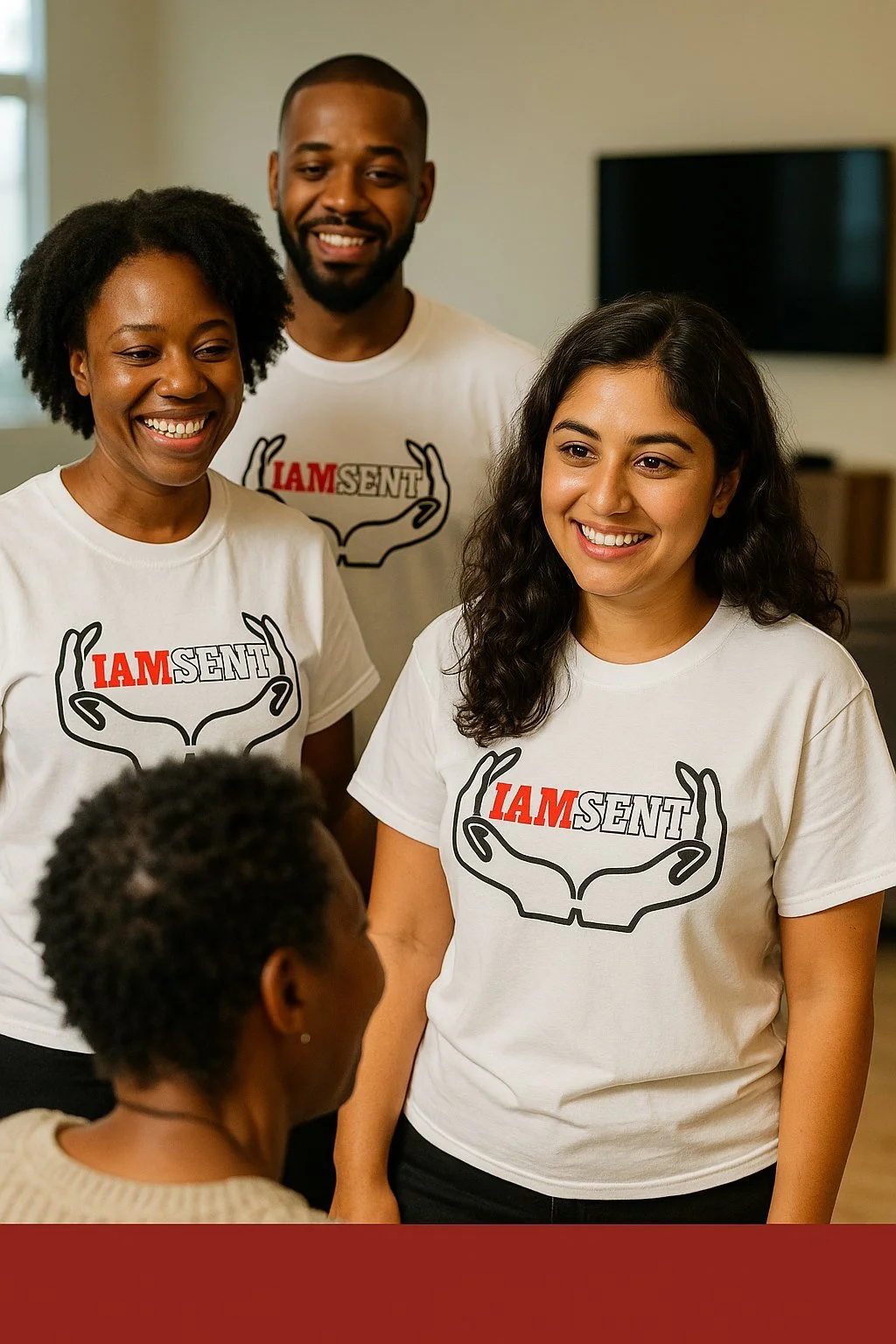 A group of diverse people wearing white t-shirts with the message 'I AMSENT' and a graphic of hands holding a heart, smiling and engaging in a conversation indoors.