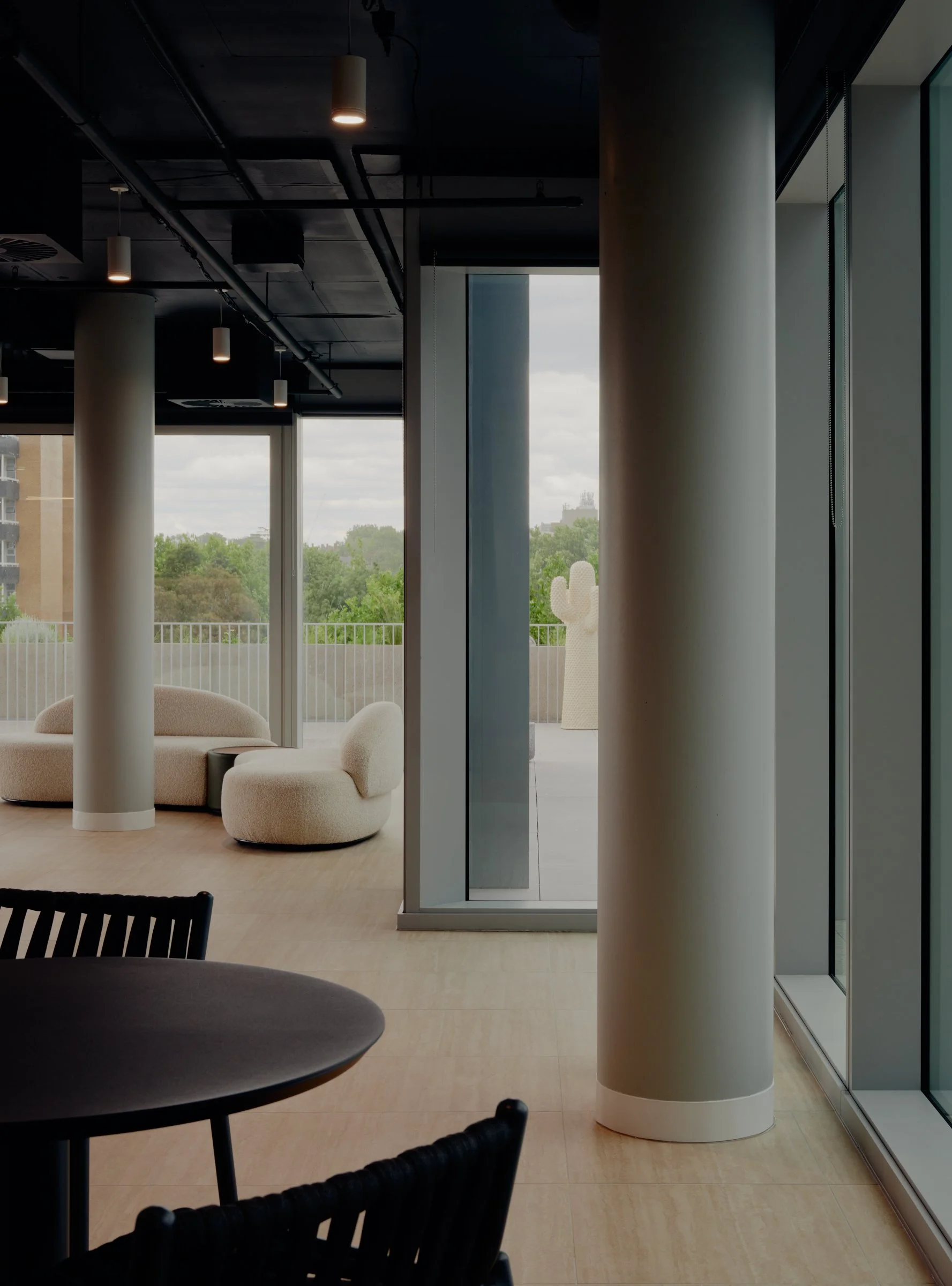 River Street office kitchen / breakout zone interior with floor to ceiling windows
