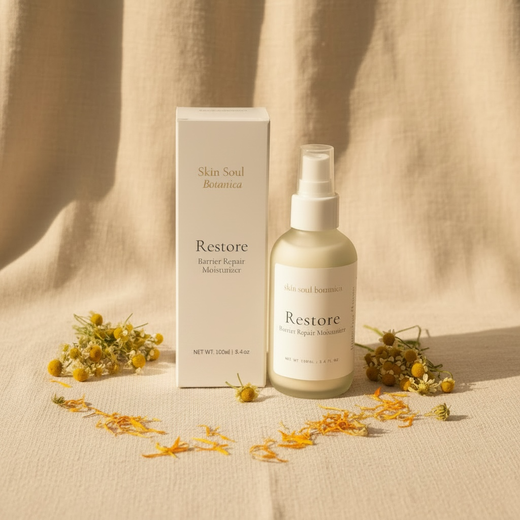 A black bottle of Skin Soul Botanica Restore Barrier Repair Moisturizer spray on a white cloth with dried flowers, on a rustic wooden surface.
