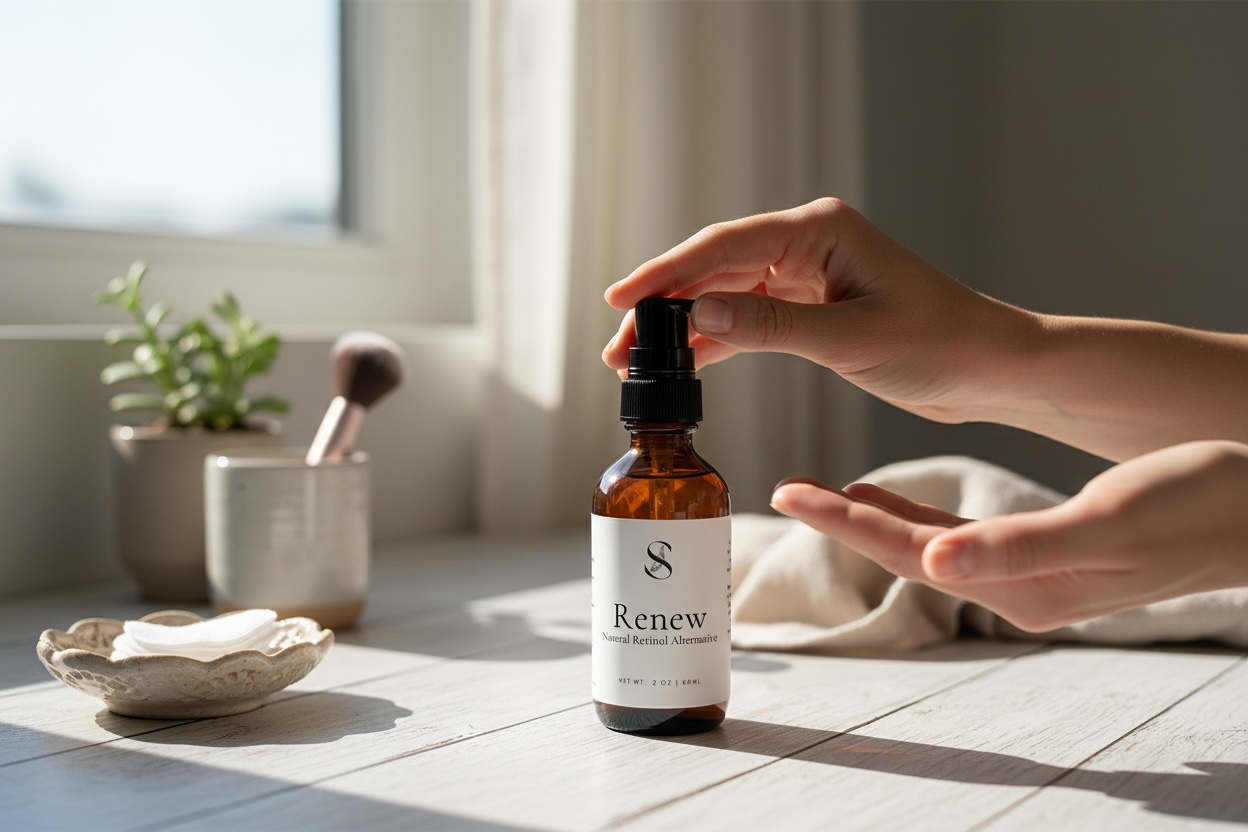 Person holding a brown bottle labeled 'Renew' on a white table near a window with sunlight
