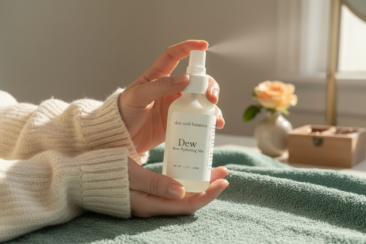 A brown glass spray bottle labeled "Dew Hydrating Mist" sits on a white cloth with green eucalyptus leaves, against a white tiled background.
