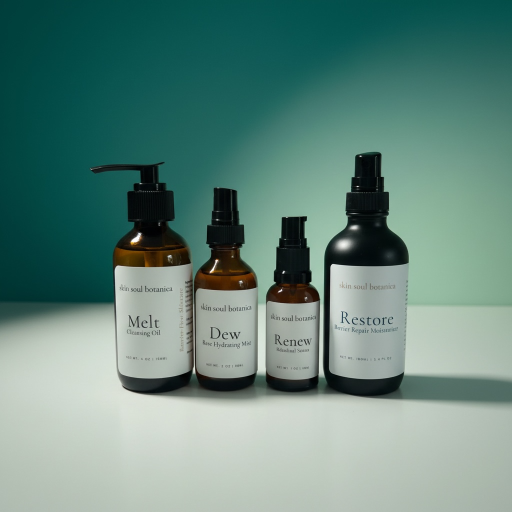 Four skincare bottles from Skin Soul Botanica arranged side by side on a shelf with a gradient green background.