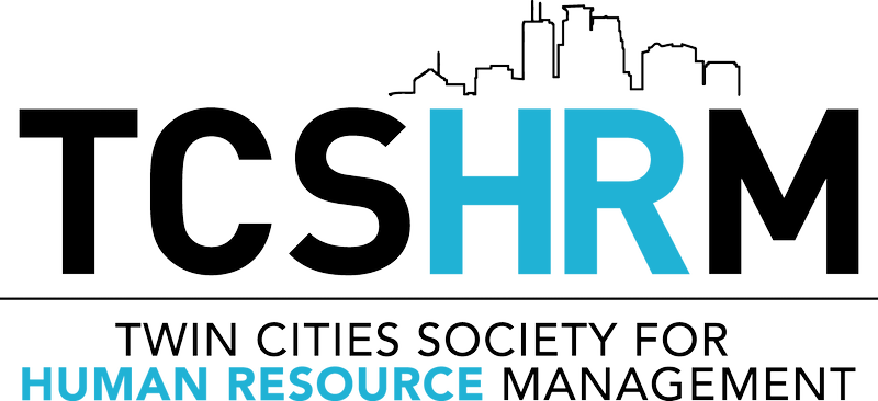 Logo for Twin Cities Society for Human Resource Management featuring a city skyline silhouette, bold black and light blue letters, and organizational name.