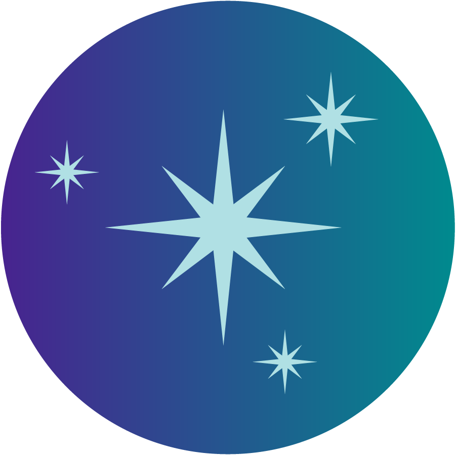A circular logo with a gradient background transitioning from purple to teal, featuring five light blue sparkling stars of varying sizes arranged in a starry pattern.