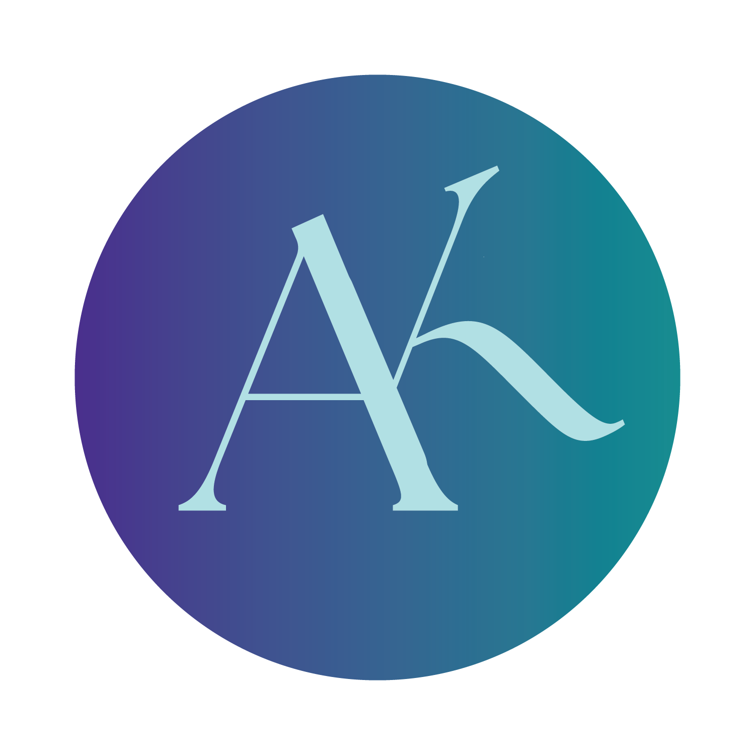 A circular logo with a blue and green gradient background and stylized light blue letters A and K intersected by a line graph element.