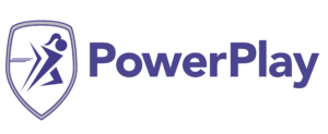 PowerPlay logo featuring a shield with a stylized person in motion