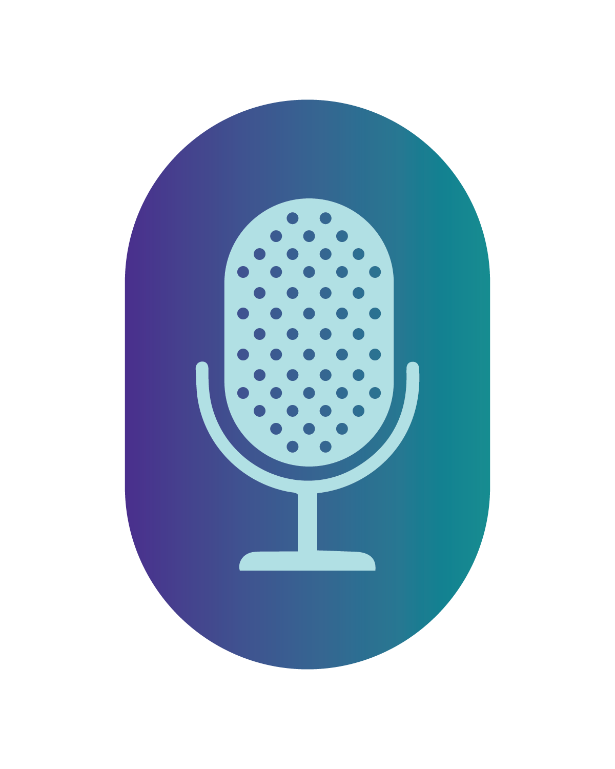 Stylized microphone icon with a gradient blue-green background.