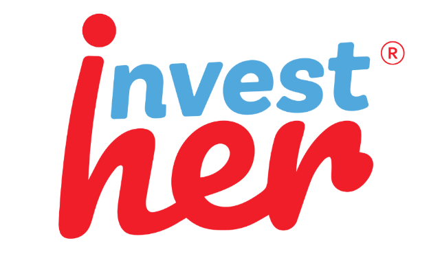 The logo for 'Invest Her' with the word 'invest' in blue and 'her' in red, featuring a small registered trademark symbol.