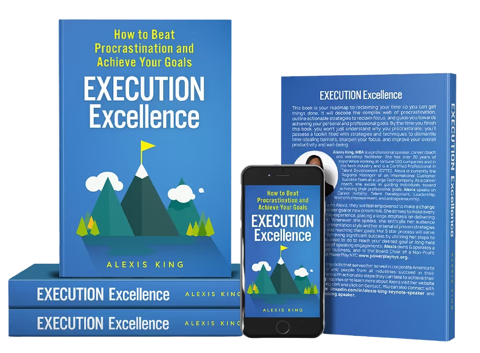 A stack of three blue hardcover books titled 'Execution Excellence' by Alexis King, with a mountain and flag illustration on the cover. The same book cover appears on a smartphone screen and an open page with a description of the book's content.