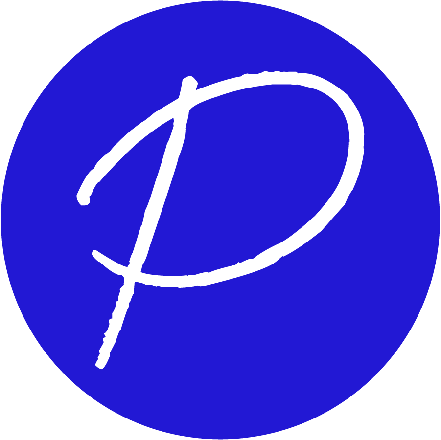 Blue circle with a white handwritten letter D inside.
