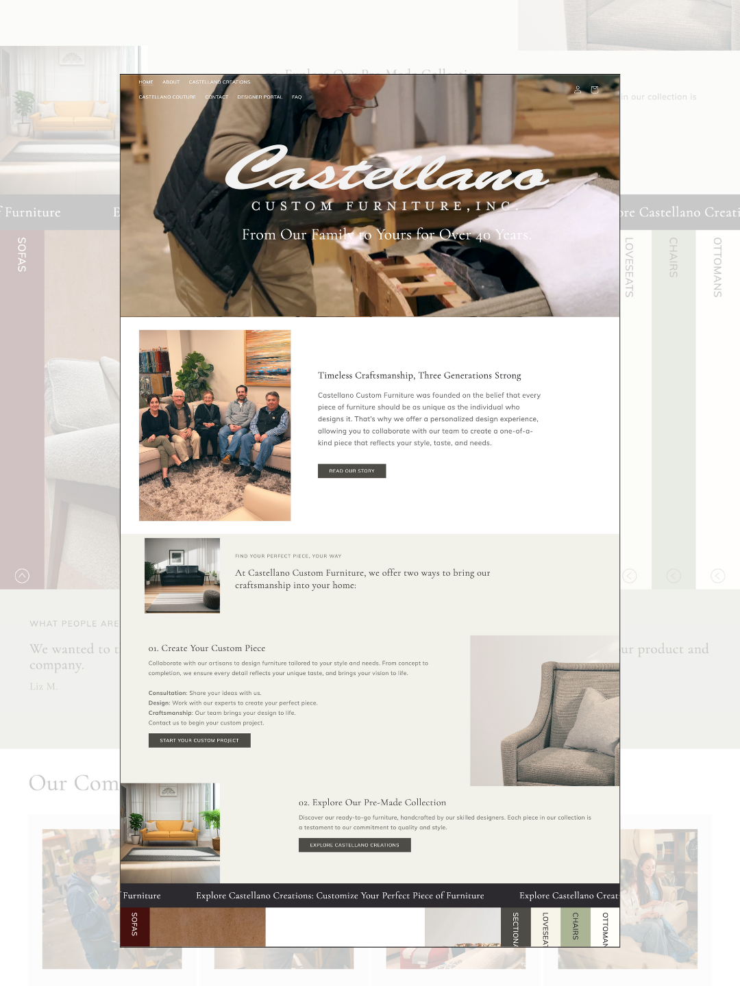 Homepage of Castellano Custom Furniture website showing a man working on furniture, a photo of a group of people inside a furniture store, and a living room with a grey armchair.