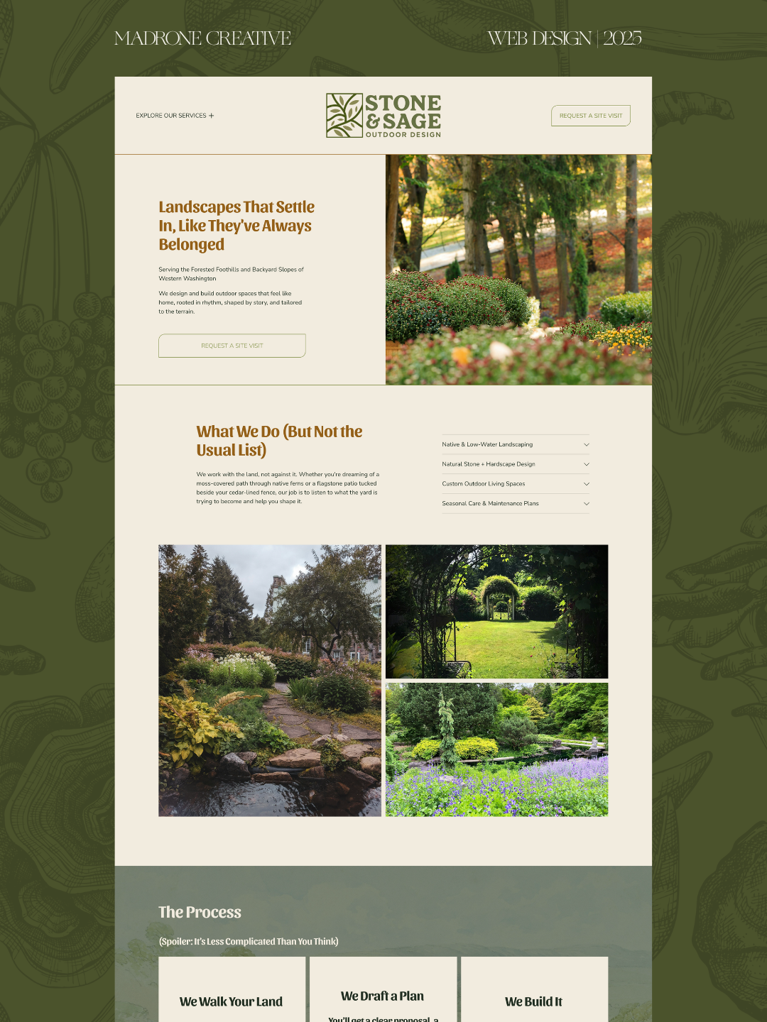 Web design layout for Stone & Sage Outdoor Design featuring header, service descriptions, images of landscaped yards, and green botanical background.