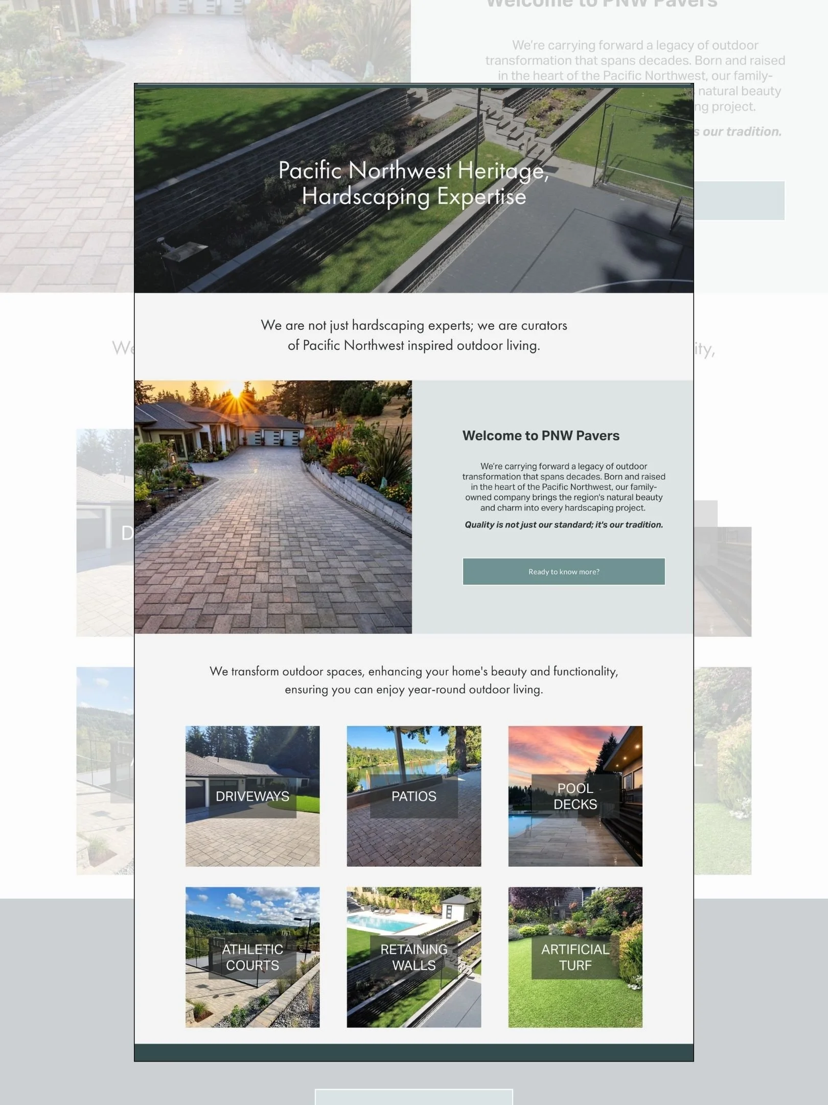 Screen capture of a webpage for Pacific Northwest Heritage Hardscaping, showing images of a landscaped yard, driveway, patio, pool deck, athletic courts, retaining walls, and artificial turf.