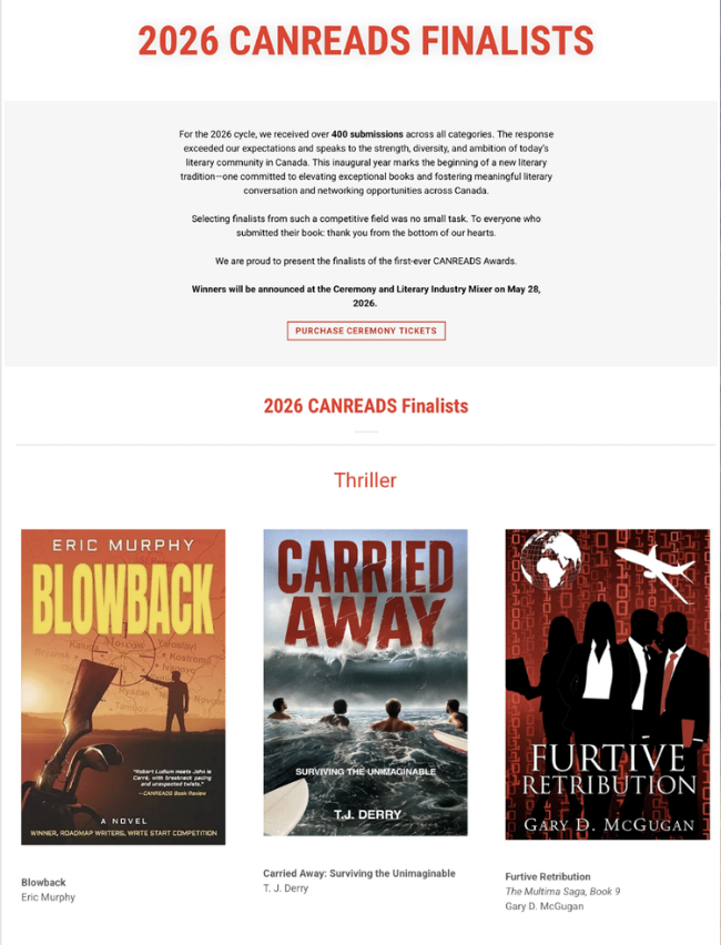 CANREADS awards shortlist for best Thriller.