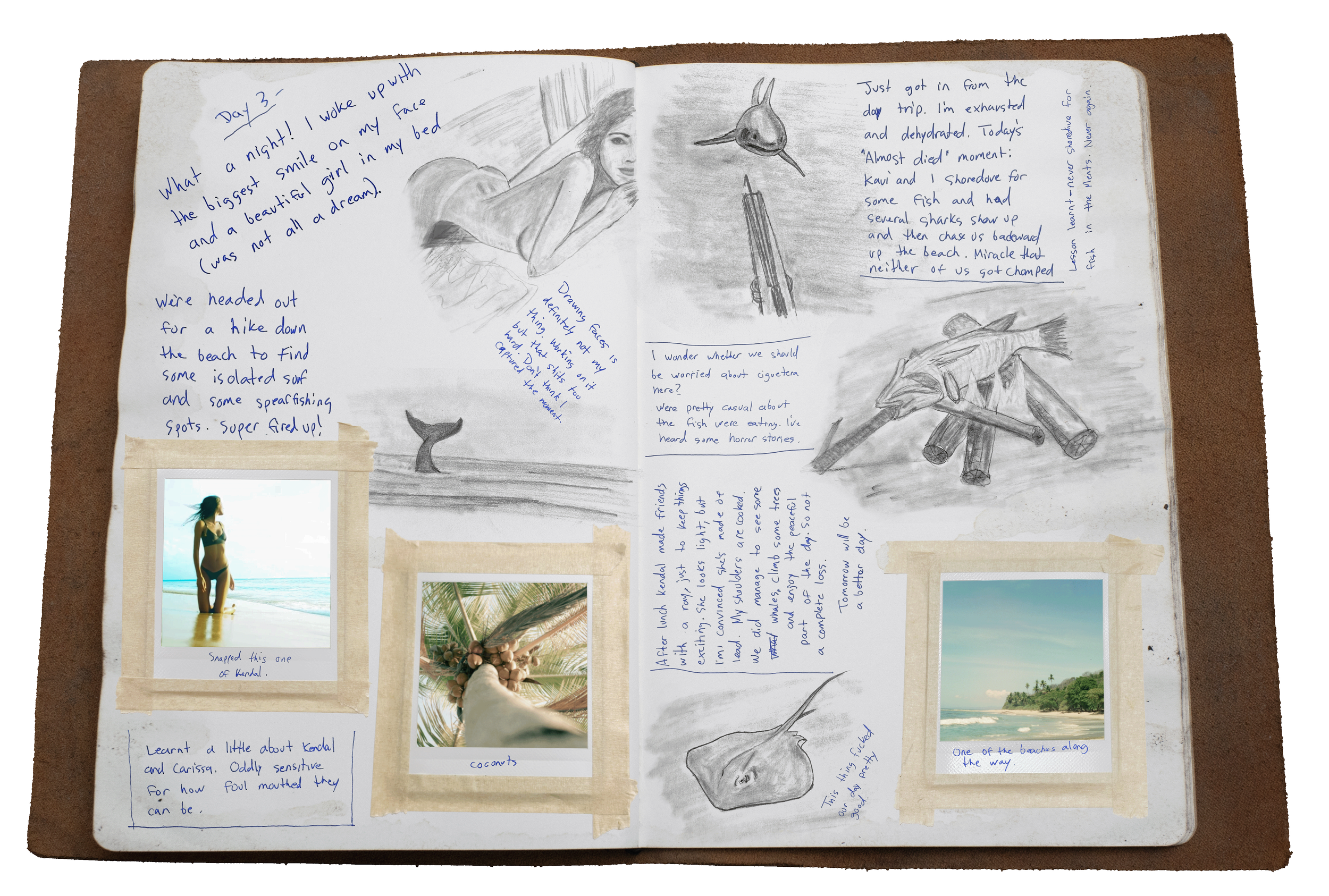 A journal or travel notebook with handwritten notes, sketches, and photographs. The sketches include a woman lying on a bed, a fish with a spear, and a sea scene. The photographs show a woman in a swimsuit at the beach, a coconut on a palm tree, and a sandy shoreline with trees.