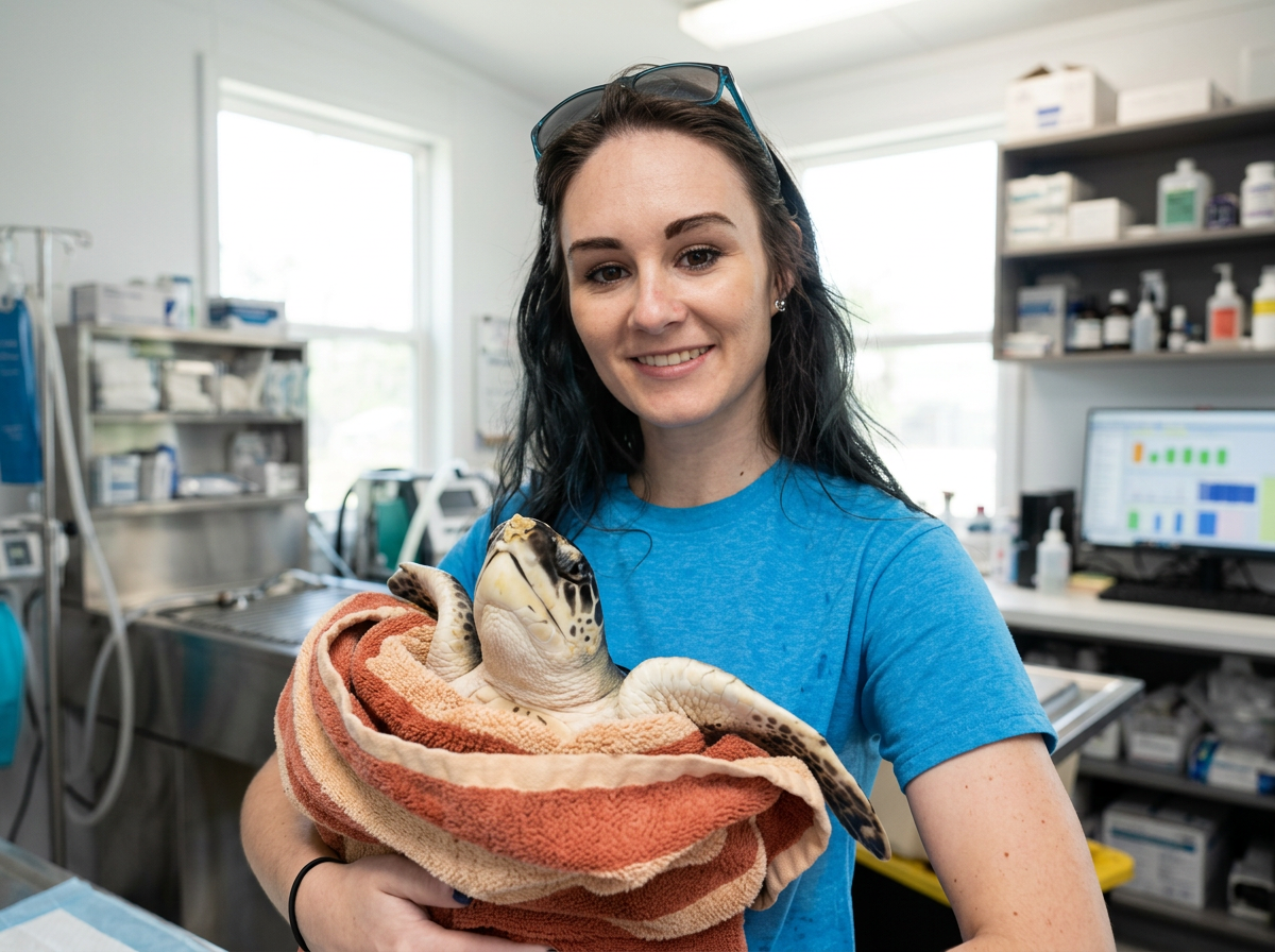 A woman holding a sea turtle wrapped in a towel inside a veterinary clinic or laboratory.