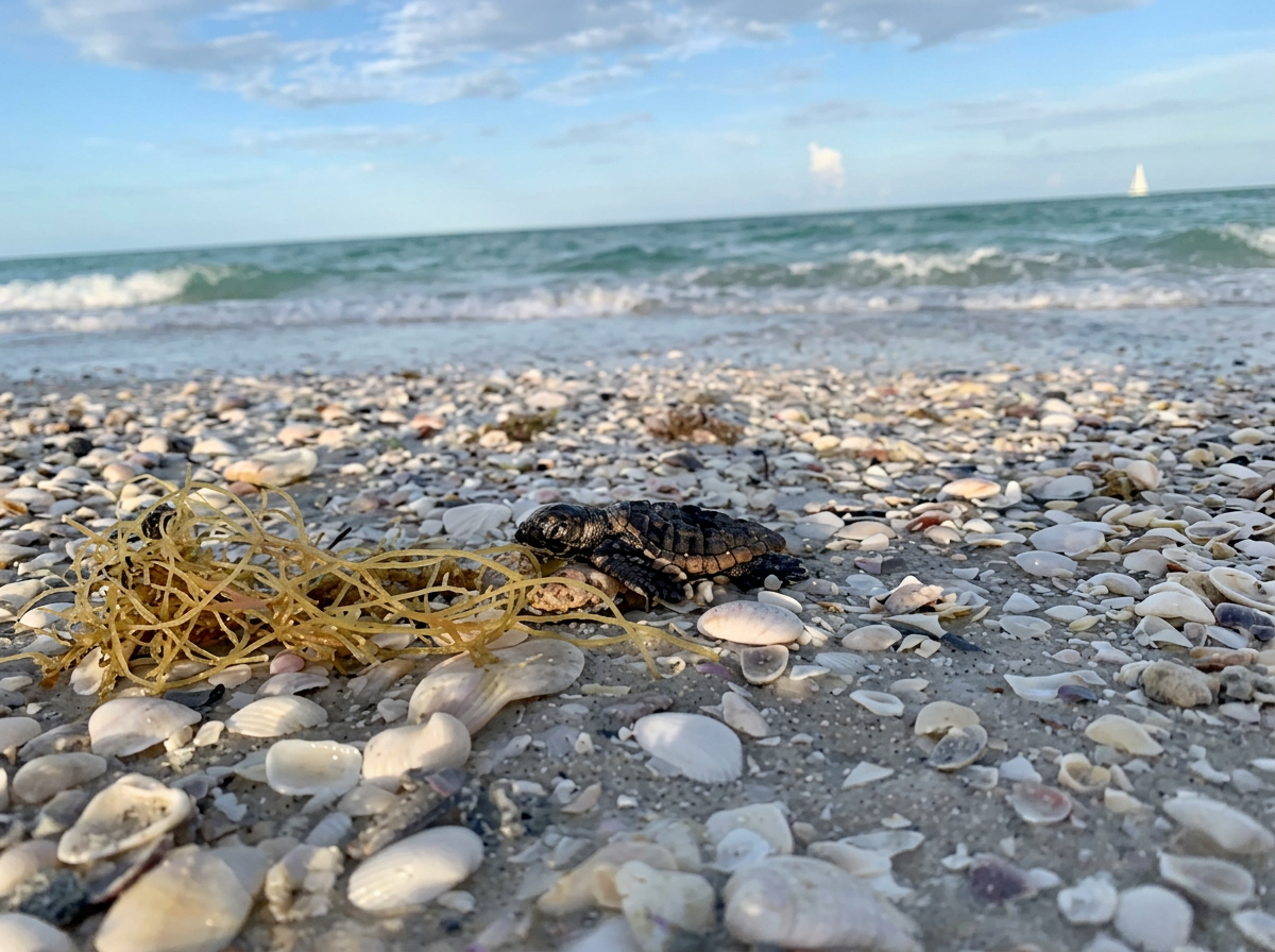 A small turtle on a shell-covered beach near the ocean with a sailboat in the distance under a partly cloudy sky.