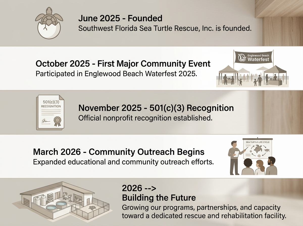 A detailed timeline infographic for Southwest Florida Sea Turtle Rescue, Inc. showing key milestones from June 2025 to 2026, including founding, community events, nonprofit recognition, outreach efforts, and future expansion plans.