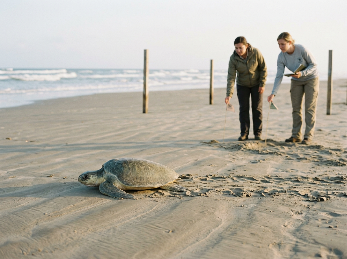 Two women in field clothing examine a sea turtle on a sandy beach during daylight.