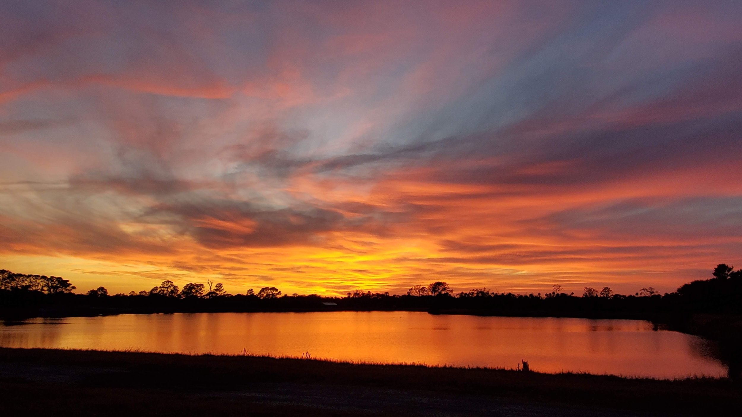 Sunset over a body of water with silhouettes of trees on the horizon and colorful clouds in the sky.