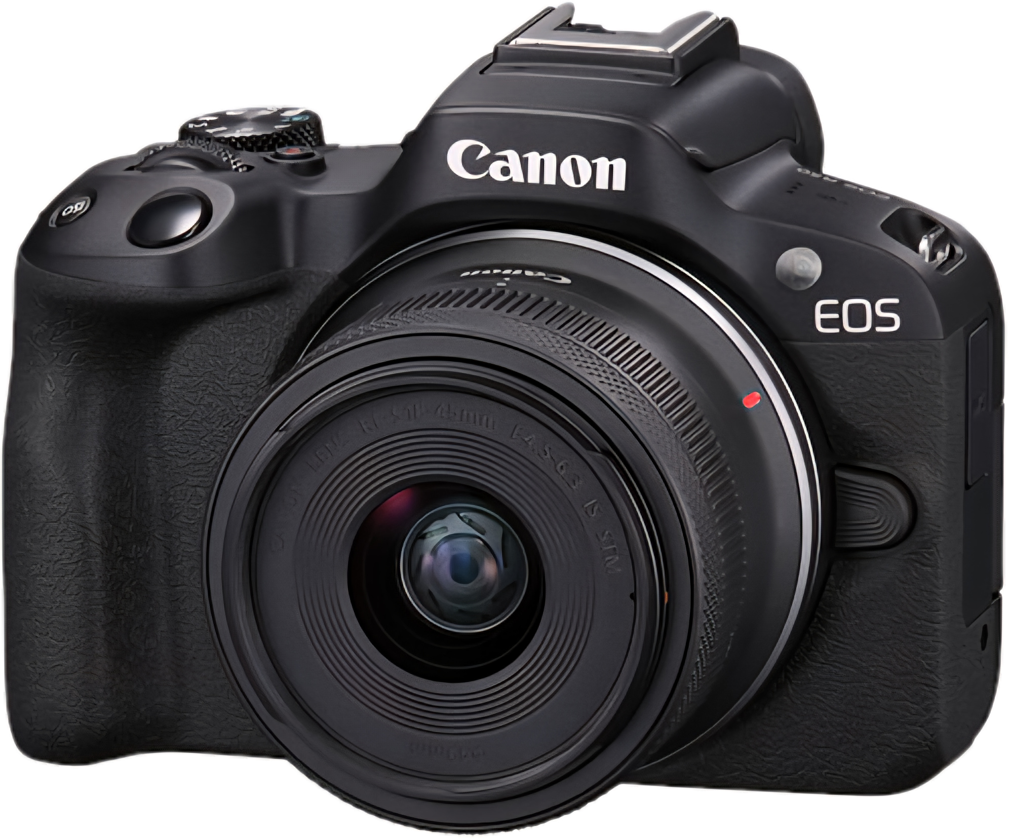 A black Canon EOS digital camera viewed from the front, showing the lens, buttons, and branding.