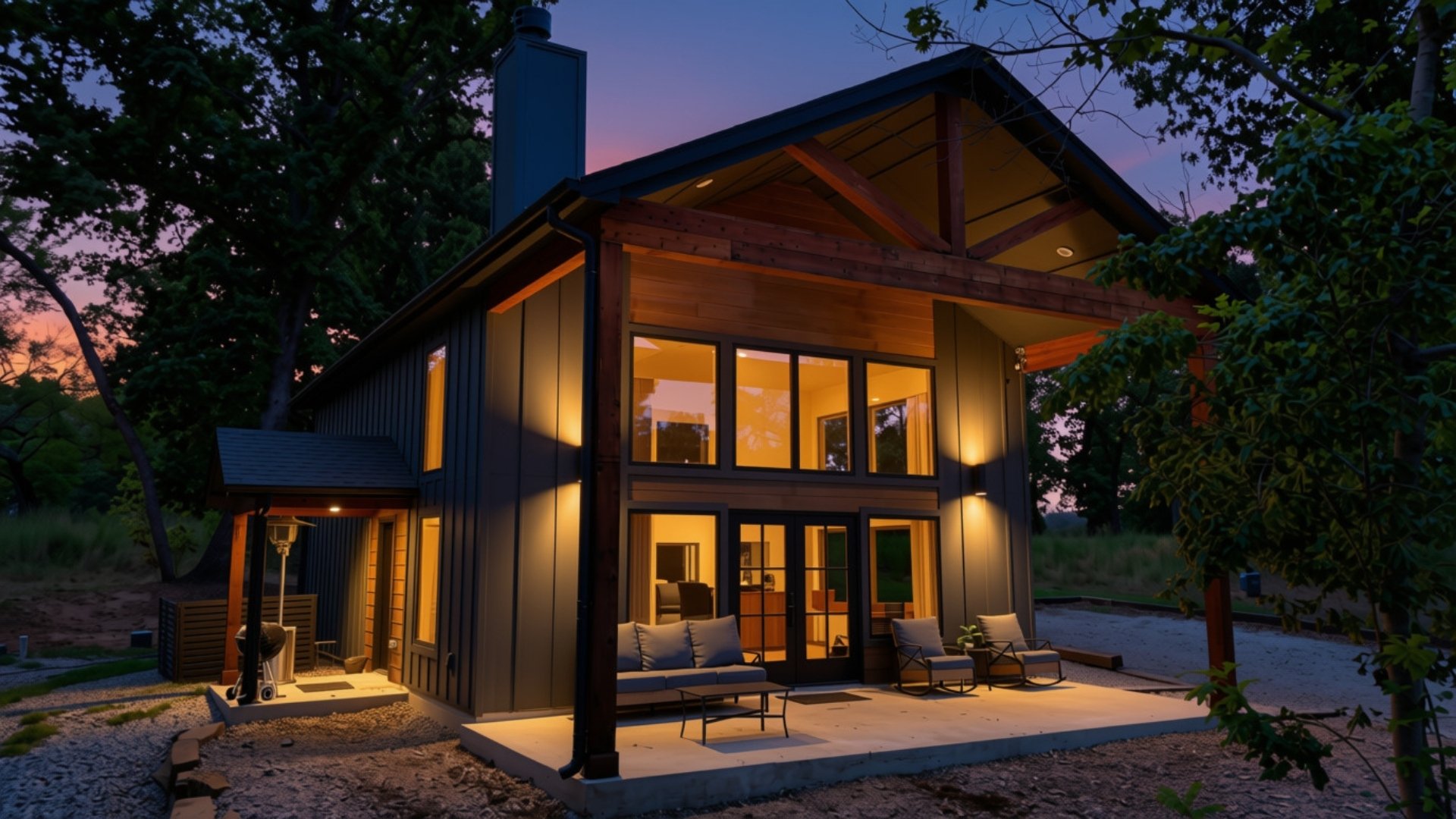 A modern two-story house with large glass windows and wooden accents, illuminated from within, situated in a wooded area during dusk.