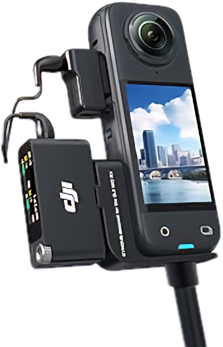 A handheld GPS device connected to a portable power bank and a small black battery pack with cables