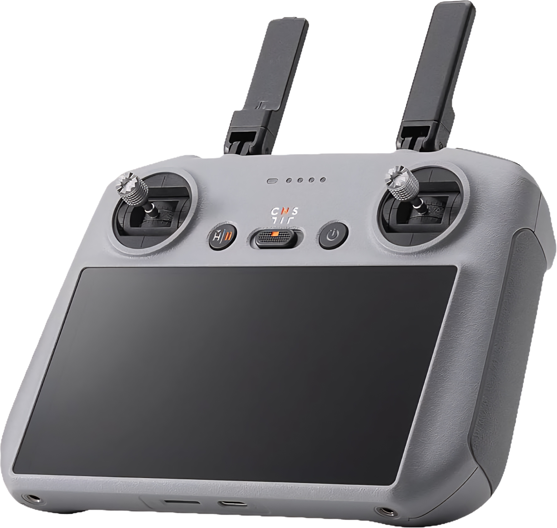 A remote control with dual antennae, control buttons, and a small LCD display, used for remotely operating a drone or remote-controlled device.