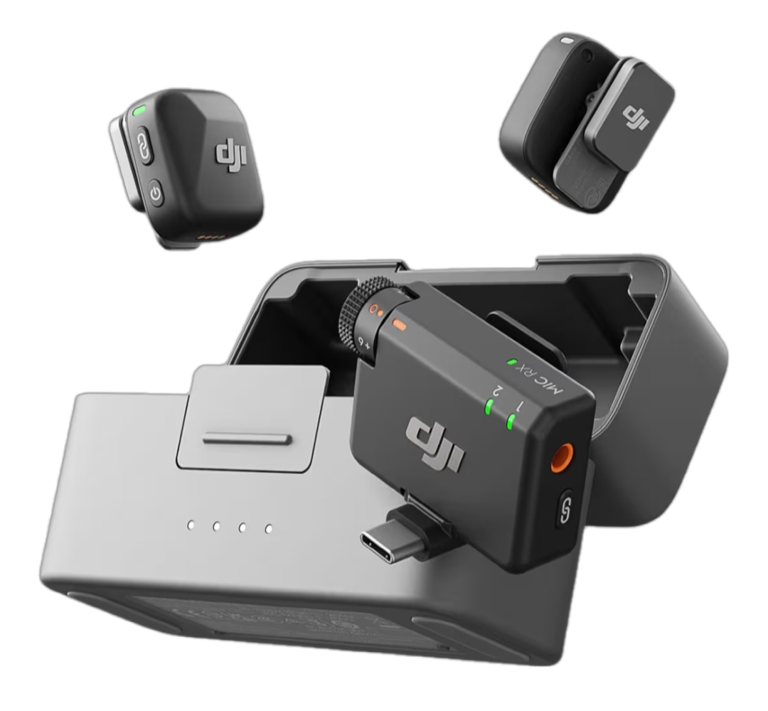 DJI drone battery chargers and batteries with charging indicators.