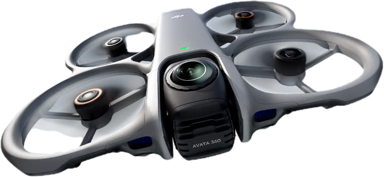 A futuristic drone with multiple propellers and a central camera lens.