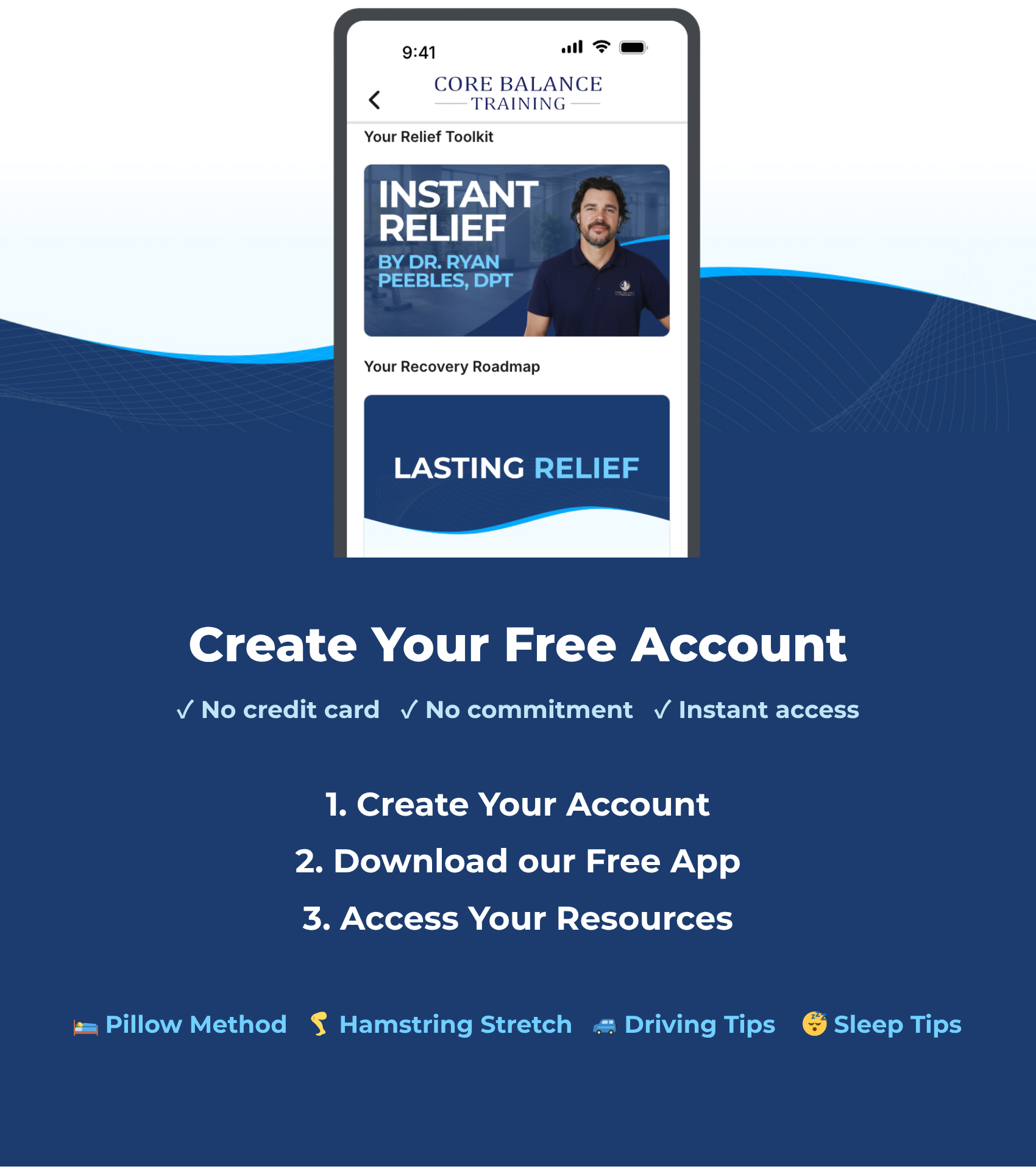 A checkout graphic for downloading their free app with instant relief exercises.