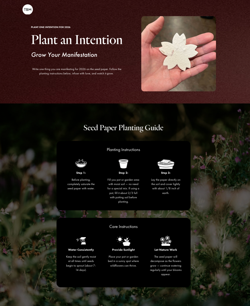 A simple website with planting instructions from a gift of seed paper from one of our speaking tours.