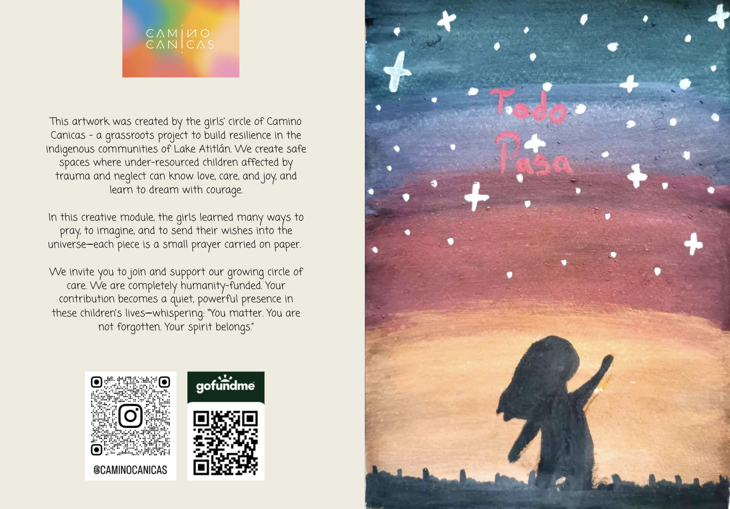 Cards with art the children made to be sold by Camino Canicas to collect donations.